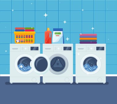 Laundry room interior with washing machine, clothes and cleaning products. EPS 10