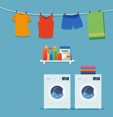 Laundry room interior with washing machine, clothes and cleaning products. EPS 10
