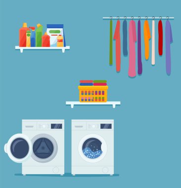 Laundry room interior with washing machine, clothes and cleaning products. EPS 10