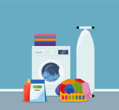Laundry room interior with washing machine, ironer, iron, clothes and cleaning products. EPS 10