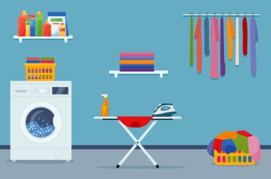 Laundry room interior with washing machine, ironer, iron, clothes and cleaning products. EPS 10