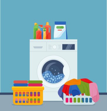 Washing machine, laundry basket and cleaning products. vector illustration in flat style. Eps 10