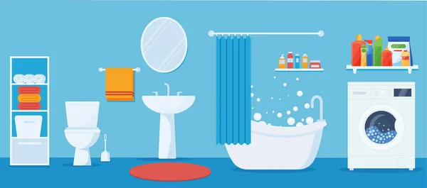 Modern Interior Bathroom Toilet Washing Machine Flat Vector Illustration — Διανυσματικό Αρχείο