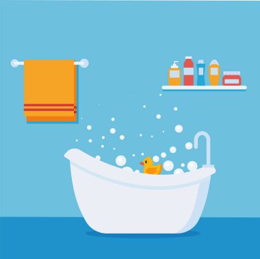 Modern interior of bathroom and toilet, and washing machine. Flat vector illustration.