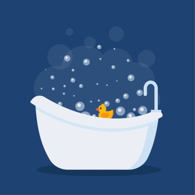 Bathtub full of bubble foam, bath interior. Flat illustration Eps 10