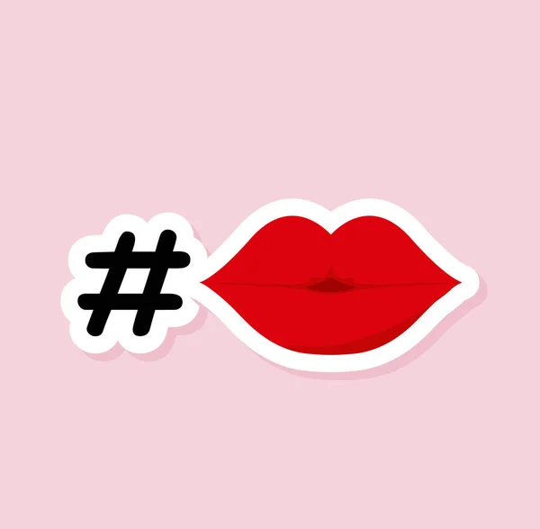 Valentine Day Hashtag Kiss Holiday Stickers Cartoon Style Vector Illustration — Stock Vector