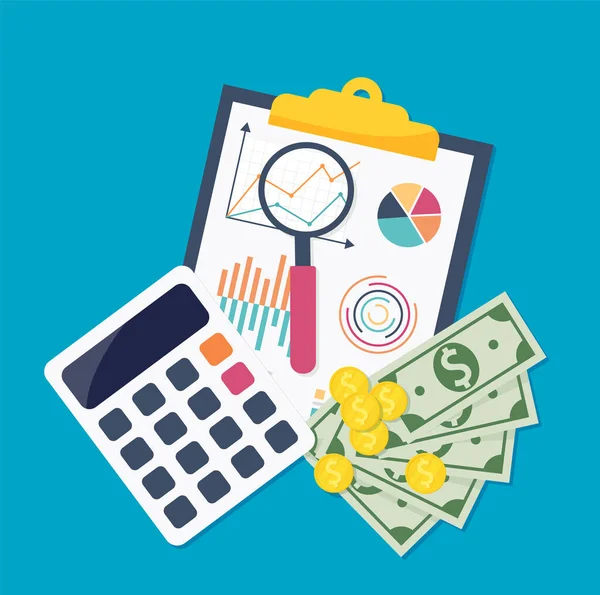 Pénzügyi Jelentések Számológép Pénz Vektor Illusztráció Web Mobil Alkalmazás Lapos — Stock Vector