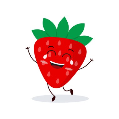 Sevimli mutlu çilek karakteri. Düz stil ile komik meyve simgesi. 10 saniye.