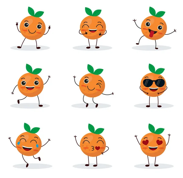 かわいい幸せなオレンジの文字 フラットスタイルで面白い果物の感情 第10話 — ストックベクタ