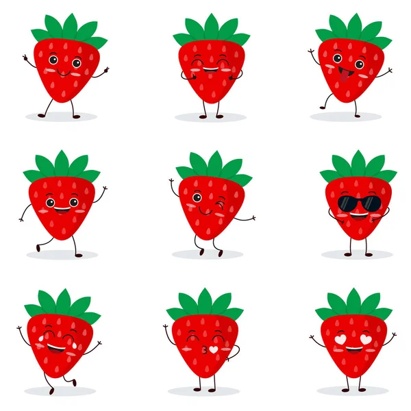 Carino Carattere Felice Fragola Emoticon Frutta Divertente Stile Piatto Punti — Vettoriale Stock