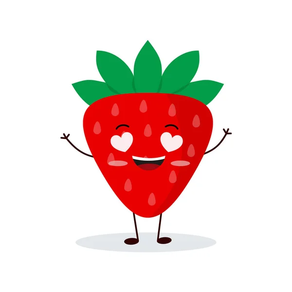 Lindo Personaje Fresa Feliz Emoticono Fruta Divertida Estilo Plano Eps — Vector de stock