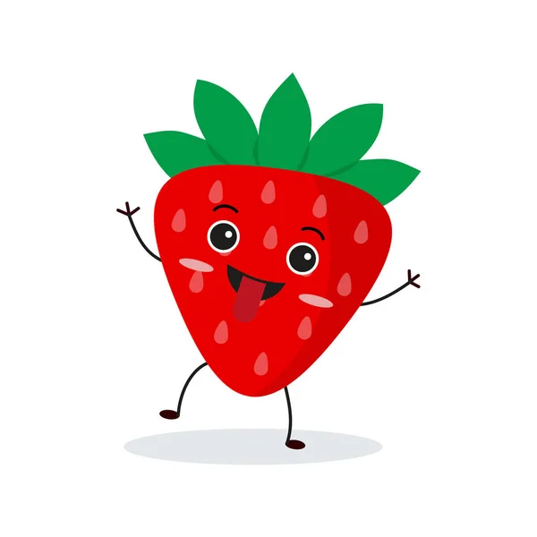 Cute Happy Strawberry Character Funny Fruit Emoticon Flat Style Eps — Stock Vector