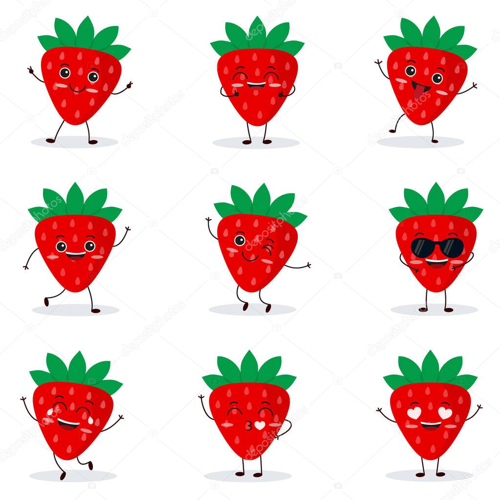 Cute happy strawberry character. Funny fruit emoticon in flat style. eps 10