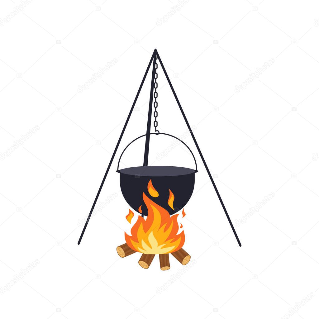 Cauldron over campfire for outdoor cooking isolated on white background. Vector illustration in a flat style. Eps 10