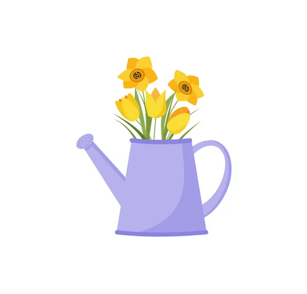 Krug Mit Blumen Tulpen Und Narzissen Frühlingsstrauß Mit Hortensien Vektorillustration — Stockvektor