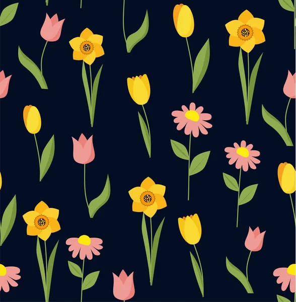 Бесшовный Весенний Узор Тюльпанами Нарциссами Eps — стоковый вектор