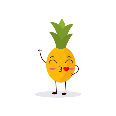 Beyaz arka planda izole edilmiş ananas çizgi film karakteri. Düz tasarımda sağlıklı yiyecekler komik maskot vektör çizimi. 10 saniye.