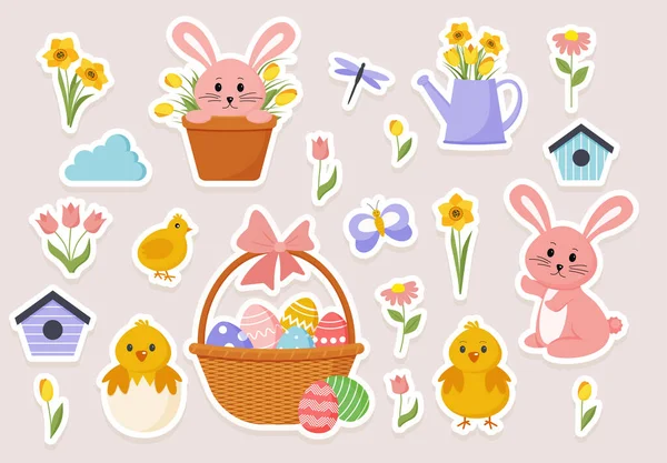 Niedliches Osterfrühling Sticker Set Illustration Vector Cartoon Stil Eps10 — Stockvektor