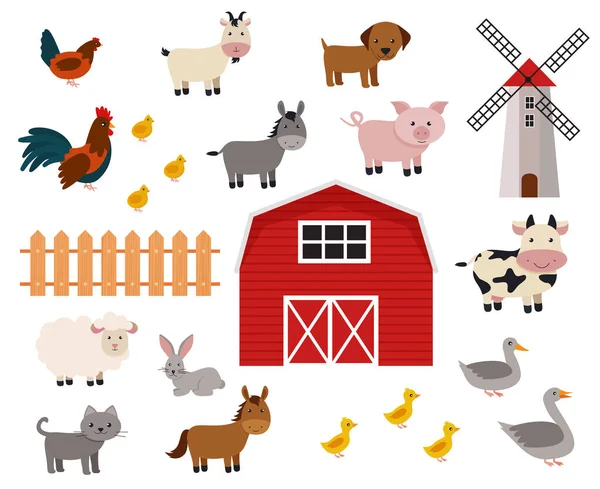 Cute Farm Animals Set Flat Style Isolated White Background Vector — Stock Vector