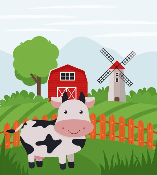 Vache Ferme Sur Les Terres Agricoles Paysage Rural Illustration Vectorielle — Image vectorielle