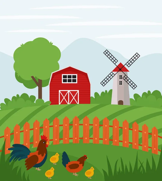 Ferme Poulets Sur Des Terres Agricoles Paysage Rural Illustration Vectorielle — Image vectorielle