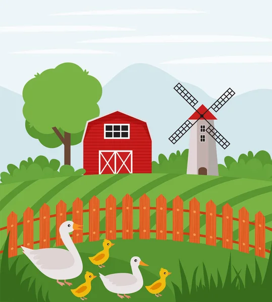 Ferme Canards Sur Des Terres Agricoles Paysage Rural Illustration Vectorielle — Image vectorielle