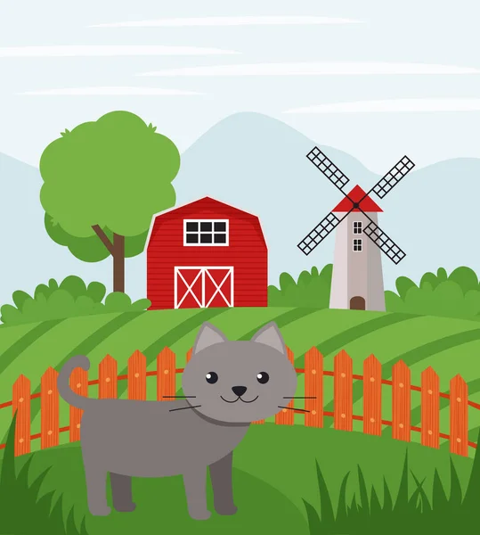 Chat Ferme Sur Les Terres Agricoles Paysage Rural Illustration Vectorielle — Image vectorielle