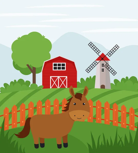 Cheval Ferme Sur Des Terres Agricoles Paysage Rural Illustration Vectorielle — Image vectorielle