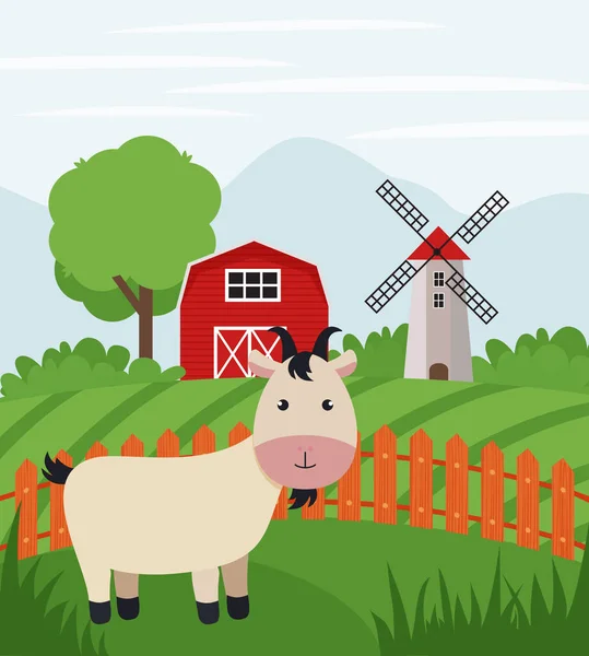 Chèvre Ferme Sur Les Terres Agricoles Paysage Rural Illustration Vectorielle — Image vectorielle
