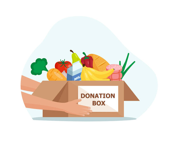 Food and grocery donation concept. Charity, food donation for needy people. Volunteering donate with nutrition products. Vector flat illustration . Eps 10