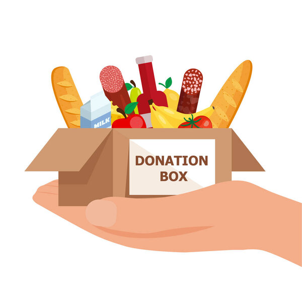 Food and grocery donation concept. Charity, food donation for needy people. Volunteering donate with nutrition products. Vector flat illustration . Eps 10