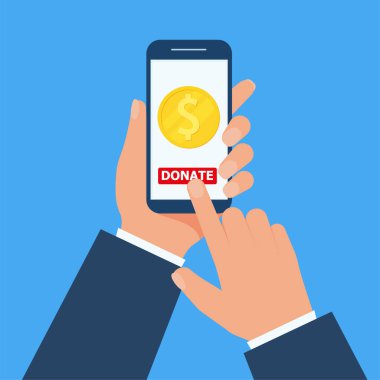 El ele tutuşmak ve online bağışta bulunmak. Bağış kutusuna düz tasarımla para koymak. Eps 10