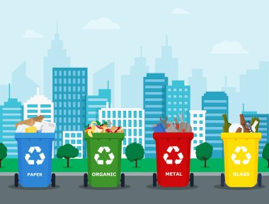 Modern bir şehir parkında çöp konteynırları. Şehir sokaklarında geri dönüşüm için kağıt, cam, plastik ve organik çöp tenekeleri. Atık ve çevreyi kurtarma kavramı. Eps 10