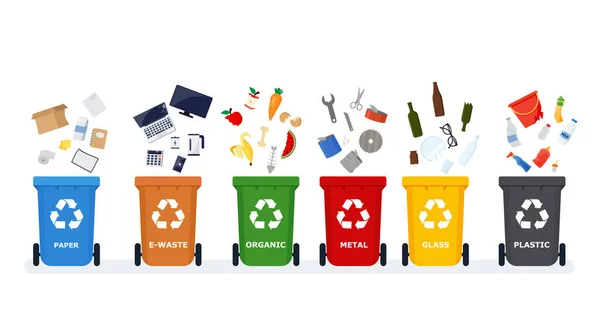 废物分离 根据材料对垃圾进行分类 并在彩色垃圾桶中键入 废弃物利用与生态节约的概念 Eps — 图库矢量图片
