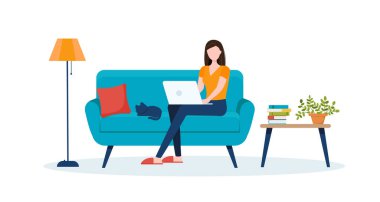 A woman working with computers, home office or freelancer. She can be an employee of the company for computer and student work in her own home office. Service, call center and support. Eps 10