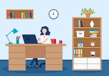 Ofisteki bilgisayarda çalışan genç bir kadın sekreter. İş akışı süreci. İdari yönetim. İş idaresi. Eps 10 vektörüne göre çizilmiş