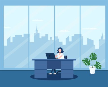 Ofisteki bilgisayarda çalışan genç bir kadın sekreter. İş akışı süreci. İdari yönetim. İş idaresi. Eps 10 vektörüne göre çizilmiş