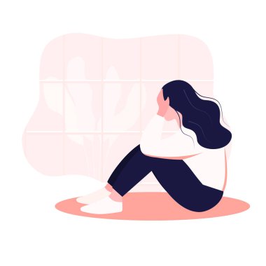 A female woman in depression with bewildered thoughts of her mind is depressed. In window, young sad girl sitting on her knees and hugging her knees. flat style Eps 10