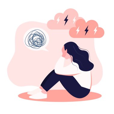 A female woman in depression with bewildered thoughts of her mind is depressed. In window, young sad girl sitting on her knees and hugging her knees. flat style Eps 10