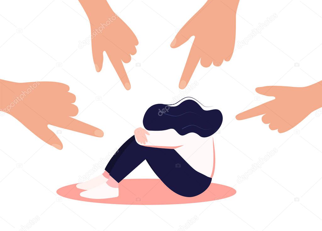 People s hands point to the girl. It is a non-confident woman. People s opinion and the pressure of society. Shame. Flat vector Flat Vector Eps 10