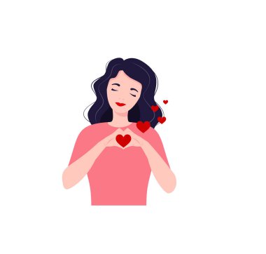 Self love concept. The girl holds a heart in her hands. flat vector. Eps 10