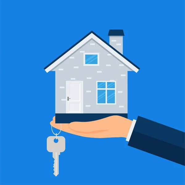 Köpa Ett Nytt Hem Fastighetsmäklare Ger Nyckelring Till Köpare Vektorillustration — Stock vektor