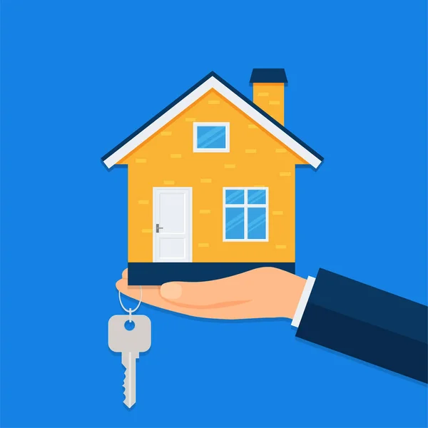 Buying New Home Real Estate Agent Gives Home Keychain Buyer — Image vectorielle