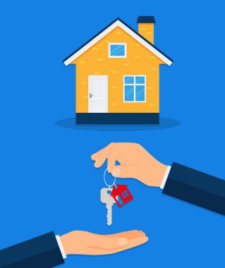 Yeni bir ev alıyorum. Emlakçı ev anahtarlığını alıcıya verir. Vektör çizimi. Eps 10