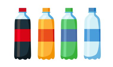 Plastik ve alüminyum ambalaj alkolsüz içecekler kümesi. Gazlı su farklı tatlar ile. Vektör, beyaz zemin üzerine Eps10 izole düz stil çizimde.