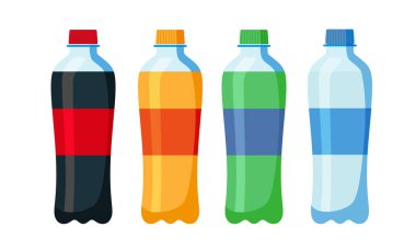 Plastik ve alüminyum ambalaj alkolsüz içecekler kümesi. Gazlı su farklı tatlar ile. Vektör, beyaz zemin üzerine Eps10 izole düz stil çizimde.