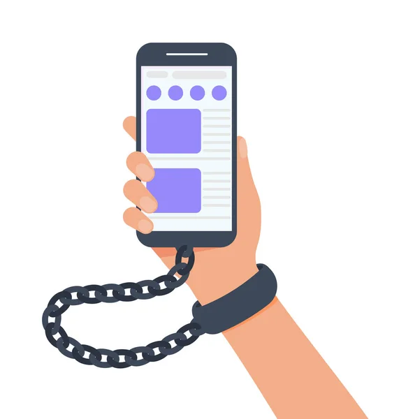 Hand Handcuffs Holding Smartphone Social Network Application Vector Flat Illustration - Stok Vektor