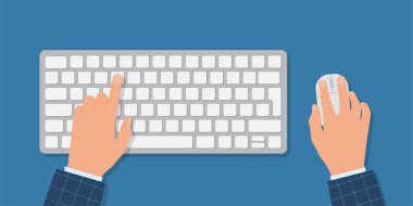 Bilgisayarda çalışan bir insan. Eller klavyeye ve fareye. Programcı, blogcu, serbest çalışan, tasarımcı, ofis çalışanı. Tasarım şablonu. Vektör illüstrasyonu düz stil Eps 10
