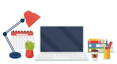 Laptop, lamba, belge kağıtları, takvim, kahve ve çiçekli ofis masası. Modern iş yeri. Ev çalışma masası. Vektör illüstrasyonu düz stil Eps 10