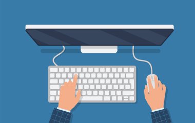Bilgisayarda çalışan bir insan. Eller klavyeye ve fareye. Programcı, blogcu, serbest çalışan, tasarımcı, ofis çalışanı. Tasarım şablonu. Vektör illüstrasyonu düz stil Eps 10